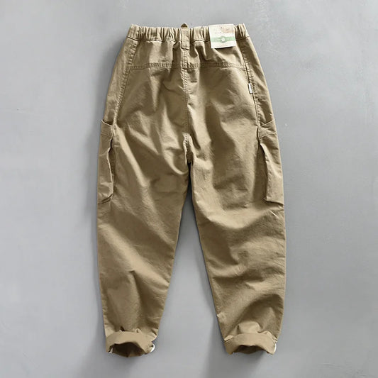 New 100% Cotton Casual Cargo Pants for Men Solid Color Big Pocket Elastic Waist Trousers Streetwear Men