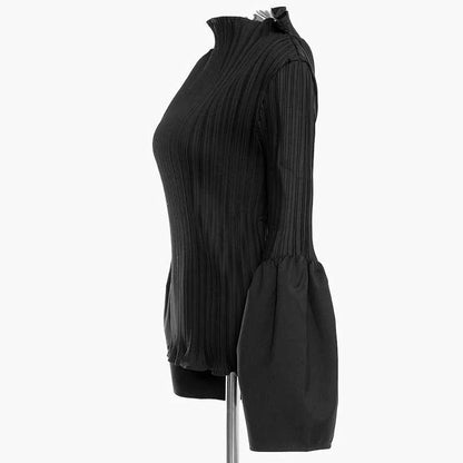 Women Black Pleated Stitch Big Size T-shirt New Round Neck Long Flare Sleeve  Fashion Tide  Spring Autumn