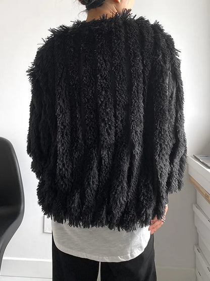 Loose Fit Black Tassels Big Size Thick Sweatshirt