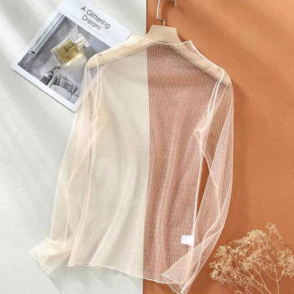 Women Sexy Mesh  Top Long Sleeve Shine Rhinestone Fashion T-Shirts Summer Beach