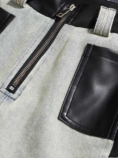 High Waist Black Color-block Leather Denim Long Wide Leg Jeans New Loose Women Trousers Fashion Spring Autumn