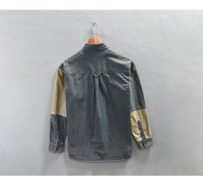 Stitching Three Dimensional Pocket Men Long Sleeved Shirt Spring 2024 New In Man Fashion All Match Pure Cotton