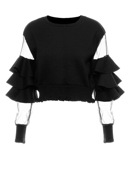 Loose Fit Green Mesh Ruffles Sweatshirt New Round Neck Long Sleeve Women Big Size