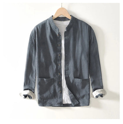 Spring Fall Chinese Style Luxury Good Quality Ramie Shirts For Men Breathable Skin Friendly Long Sleeve Stand Collar Blouse