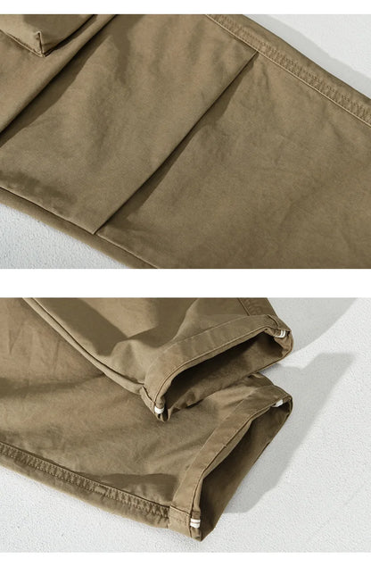 New 100% Cotton Casual Cargo Pants for Men Solid Color Big Pocket Elastic Waist Trousers Streetwear Men