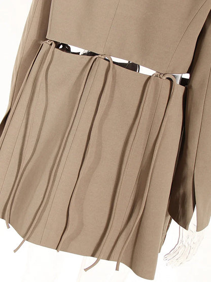 Women Khaki Bandage Hollow Out Casual Blazer New Lapel Long Sleeve Loose Fit Jacket Fashion Spring Autumn