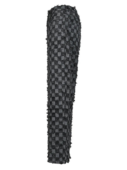 Waist Gray Plaid Burr Long Denim Wide Leg Jeans
