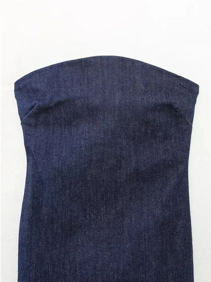 Strapless Backless Zipper Split Dress Party Blue Denim Female Long Dress for Women Summer Evening Dresses