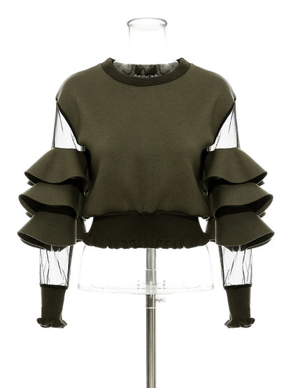 Loose Fit Green Mesh Ruffles Sweatshirt New Round Neck Long Sleeve Women Big Size