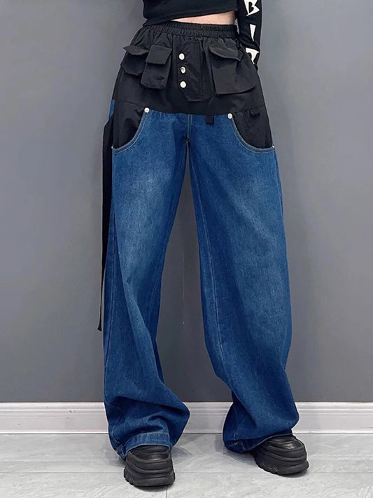 Color-block Long Denim Pants New Trousers Women