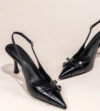 Fashionable Pointed Toe Shallow Mouth New High-heeled Shoes Summer Elegant Buckle Decorated Stiletto Black Women's Shoes NO:602