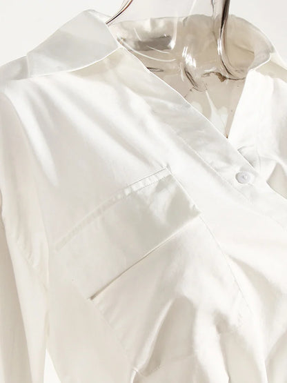 Women White Irregular Bandage Slit Shirt Dress New V-Neck Long Sleeve Loose Fit Fashion Tide Spring Autumn