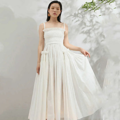 New Summer Strapless Back Hollow Out Square Pleated Slim Big Hem White Temperament Dress Women Fashion