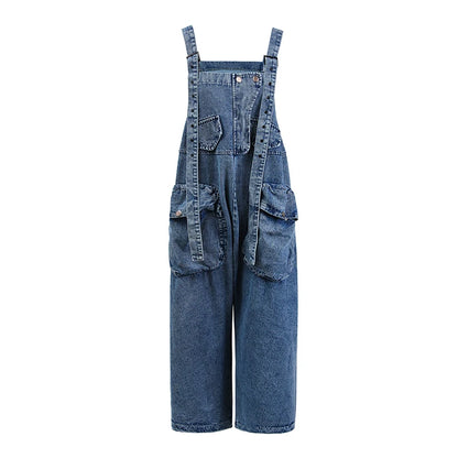 High Waist Blue Pocket Big Size Denim Overalls Trousers New Loose Fit Pants Women Fashion Tide Spring Autumn 2024 1K16401
