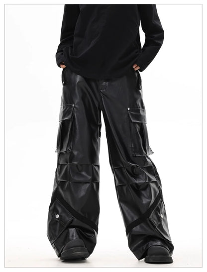 Cool Black Baggy Pu Leather Wide Leg Cargo Pants
