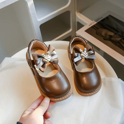 Leather Shoes Versatile Soft Round-toe Hook & Loop Bow Bunny
