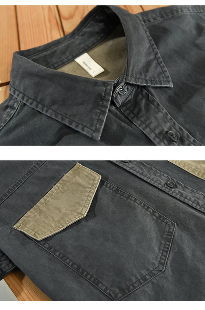 Stitching Three Dimensional Pocket Men Long Sleeved Shirt Spring 2024 New In Man Fashion All Match Pure Cotton