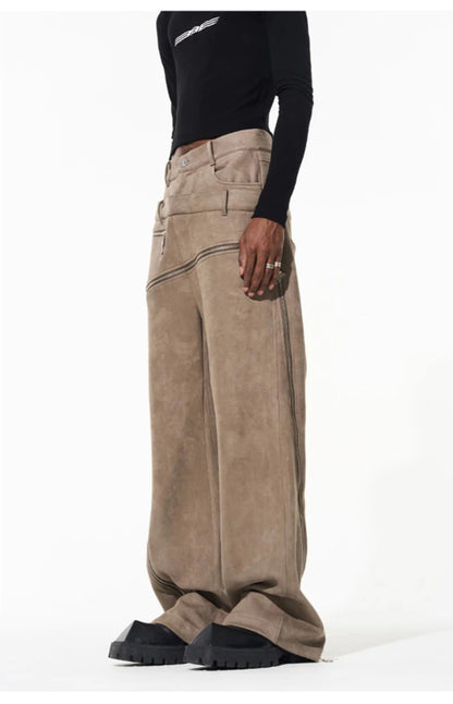 Cool  Khaki Stretchy Suede Faux Leather Pants  Luxury Designer