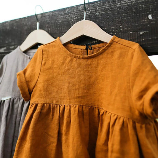 New Girls Cotton And Linen Dress Solid Color Children's Casual Short-Sleeve Pleated