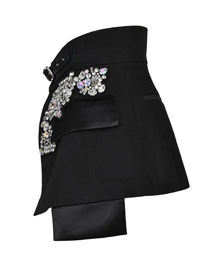 Irregular Rhinestones Belted Mini Half-body Skirt High Waist Women Fashion Tide New Spring Autumn