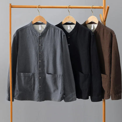 Spring Fall Chinese Style Luxury Good Quality Ramie Shirts For Men Breathable Skin Friendly Long Sleeve Stand Collar Blouse