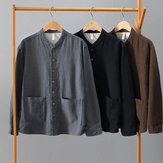 Spring Fall Chinese Style Luxury Good Quality Ramie Shirts For Men Breathable Skin Friendly Long Sleeve Stand Collar Blouse