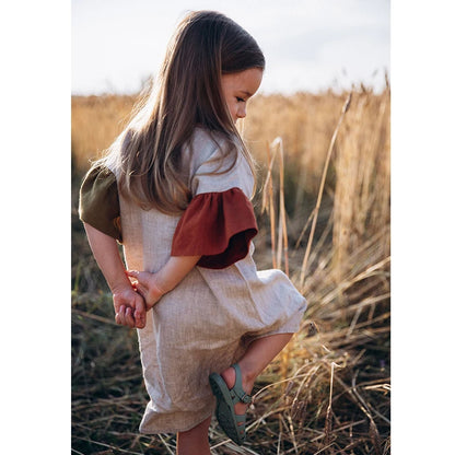 Girls Natural Linen Patchwork Dress Summer New Baby Kids Flare Sleeve Casual Cotton And Linen Dresses