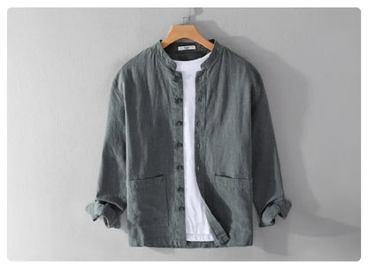 Spring Autumn New Simple Casual Long Sleeve Shirts for Men Clothing Cotton and Linen Stand Collar Soft Streetwear