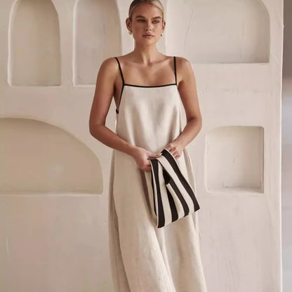 Vintage Linen Maxi Dress Sexy Straps Sleeveless Loose Long Dress Summer Fashion Bohemia Casual Dress