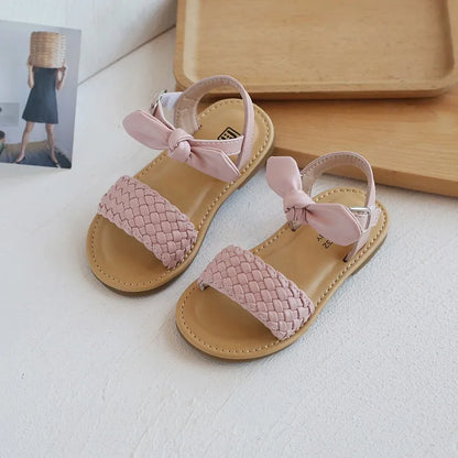 Girl Sandals Bowtie Braided Soft 21-30 Inafnt Children Sliders Bohemia Style Classic Fashion Open Toe Non-slip Kids Flats