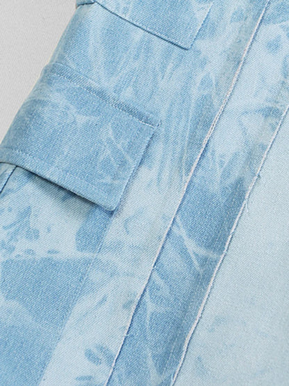 High Waist Blue Printed Denim Pocket  Wide Leg Jeans New Loose  Trousers