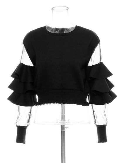 Loose Fit Green Mesh Ruffles Sweatshirt New Round Neck Long Sleeve Women Big Size