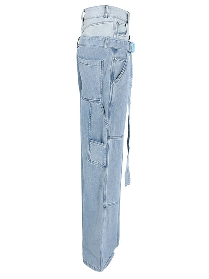 Spliced Denim Belt Personality Wide Leg Jeans High Waist New Women Trousers Fashion Tide Spring Autumn