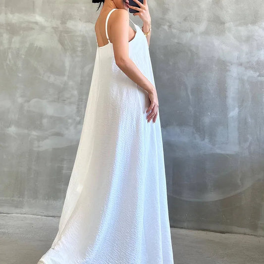 Women's O-neck High Waist Robe Dress Sexy Sleeveless Pleated Holiday Long Dress Cotton Linen Solid Summer Spaghetti Strap Dress