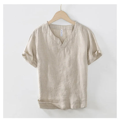 Summer New 100% Linen Short Sleeve T Shirt for Men Casual Thin Solid Color Slim Men Clothing