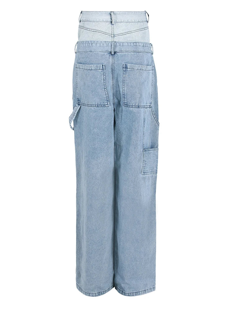 Spliced Denim Belt Personality Wide Leg Jeans High Waist New Women Trousers Fashion Tide Spring Autumn