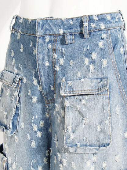 Waist Blue Denim Holes Big Pocket Wide Leg Wide Leg Jeans New Women Trousers