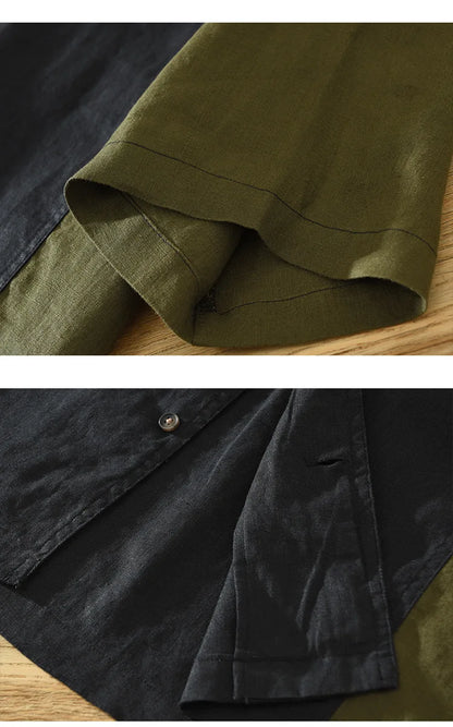 Summer New Casual Patchwork Shirt for Men Clothing Vintage Pure Linen Short Sleeve Streetwear
