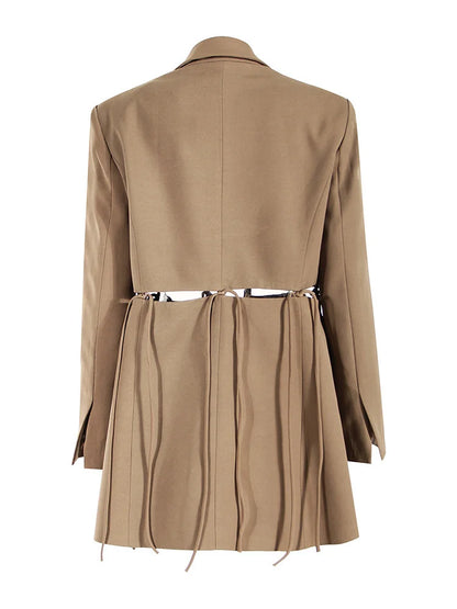Women Khaki Bandage Hollow Out Casual Blazer New Lapel Long Sleeve Loose Fit Jacket Fashion Spring Autumn