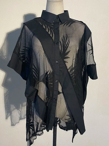 Lace Perspective Big Size Blouse New Lapel Half Sleeve Loose Fit Shirt Fashion Tide Spring Summer