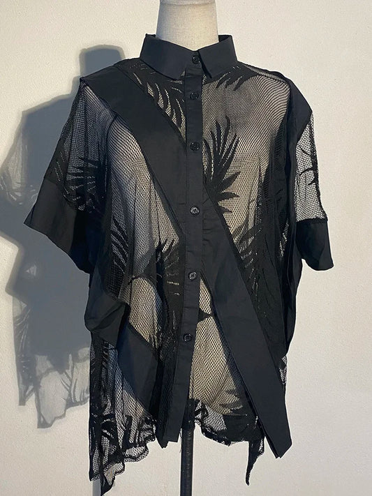 Lace Perspective Big Size Blouse New Lapel Half Sleeve Loose Fit Shirt Fashion Tide Spring Summer