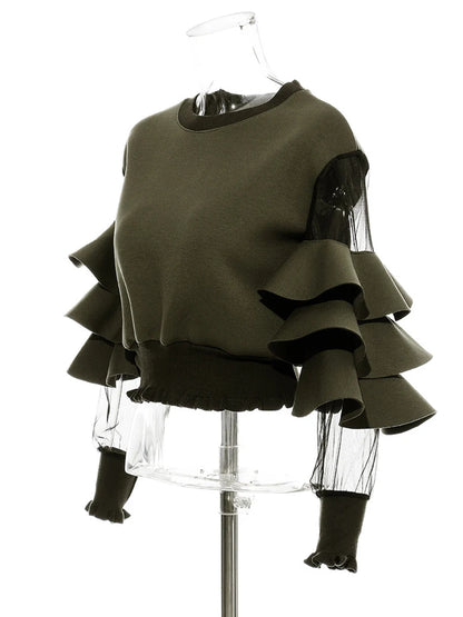Loose Fit Green Mesh Ruffles Sweatshirt New Round Neck Long Sleeve Women Big Size
