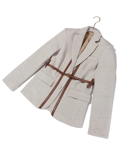 Women Split Pu Leather Brief Short Blazer New Lapel Long Sleeve Loose Fit  Jacket Fashion Tide Spring Autumn 2024 1K458