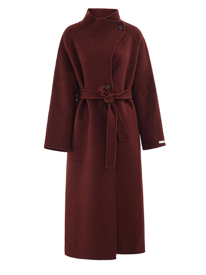 Red Belted Long Thick Woolen Coat
