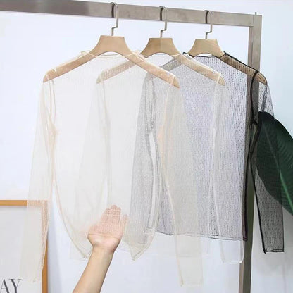 Women Sexy Mesh  Top Long Sleeve Shine Rhinestone Fashion T-Shirts Summer Beach