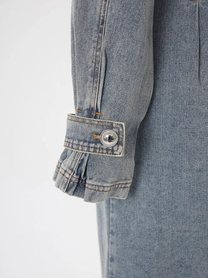 Women Blue Denim Big Size Long Trench New Lapel Long Sleeve Loose Fit Windbreaker Fashion Tide Spring Autumn