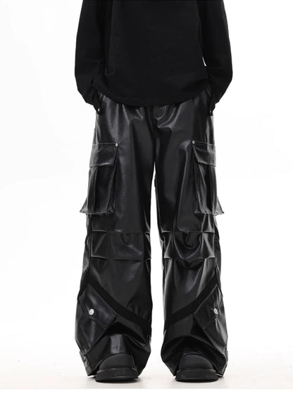 Cool Black Baggy Pu Leather Wide Leg Cargo Pants