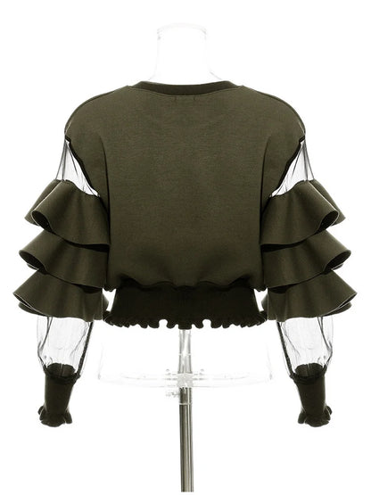 Loose Fit Green Mesh Ruffles Sweatshirt New Round Neck Long Sleeve Women Big Size