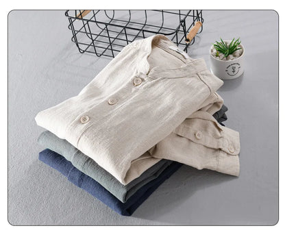 Spring Autumn New Simple Casual Long Sleeve Shirts for Men Clothing Cotton and Linen Stand Collar Soft Streetwear