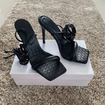 Lace-Up Woman Sandals Leather High Heels